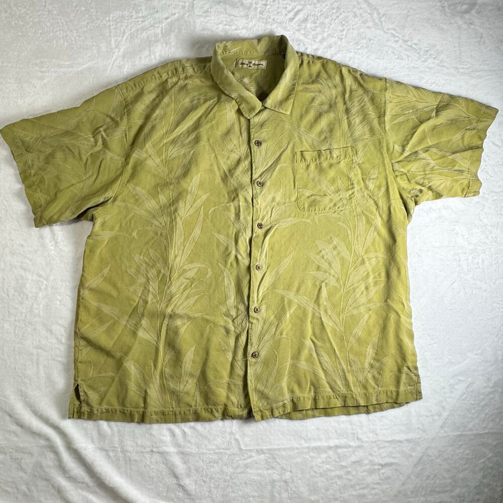 Tommy Bahama Men’s XXL Silk Hawaiian Shirt Green Leaf Jacquard Short Sleeve